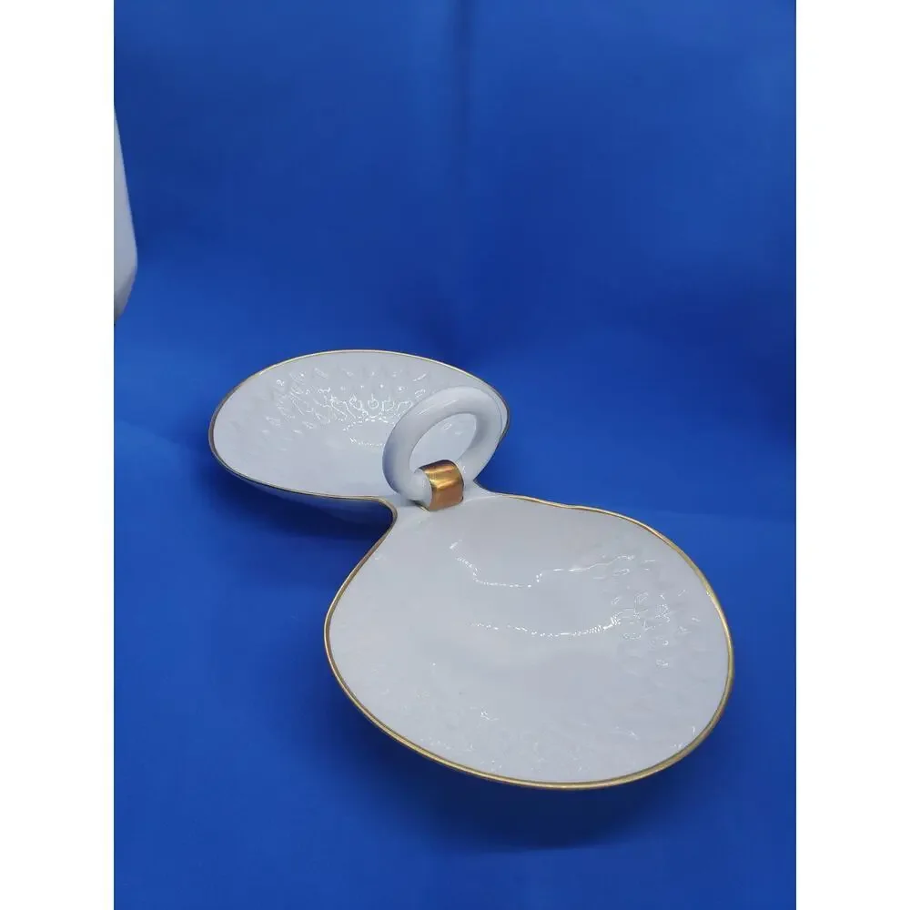 Vintage Limoges France Double Clam Shell Dish Trinket White Porcelain Gold Trim